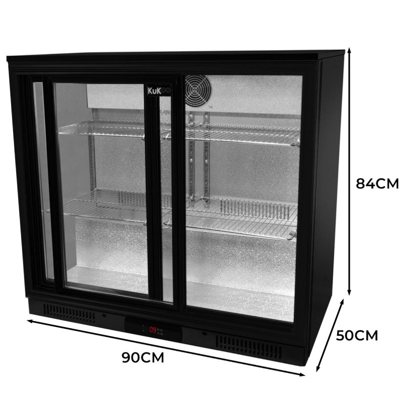 Back Bar Fridge Cooler 208L Capacity Commercial Sliding Double Door Under Counter Black Chiller Self Closing 112 x 500ml Bottles Beer Wine 4 Adjustable Shelves Colour Changing LED Light 7 Colours