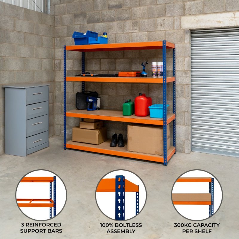 Garage Racking S-Rax Shelving Unit 4 Shelf 180cm x 180cm x 60cm Rack Heavy Duty Steel 300kg Capacity Per Shelf Adjustable Layout Boltless Assembly Rubber Feet 3 Reinforced Support Bars Warehouse