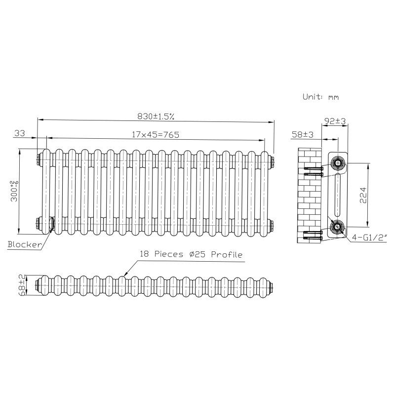 Traditional 2 Column Radiator - 300 x 830mm - Raw Metal