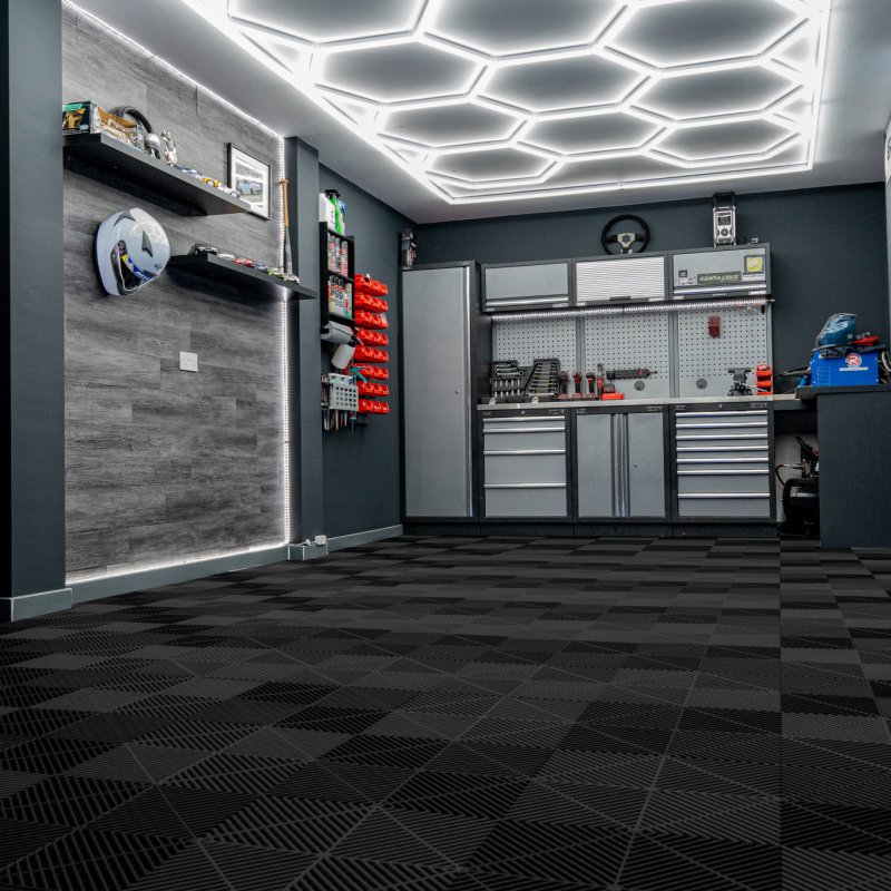 Vented Modular Interlocking Flooring Tiles x 120 Black With Edges & Hexagon LED Lighting 14 White Lights & Border 6500K 3 Mount Options & Suspended Ceiling Kit Single Garage Floor Mat 3.2m x 6m 19.2m2