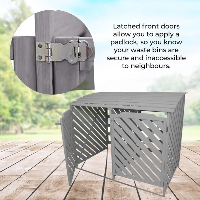 Double Wheelie Bin Storage Shed Wooden Dustbin Store Cupboard Outdoor Grey Wash Timber Cover Lockable Latched Recycling Garden