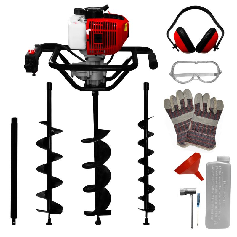 Earth Auger Fence Post Hole Borer Ground 52cc Petrol Spiral Digger 3 Drill Bits Attachments 4 6 8 Inch Extension Pole 80cm 3HP 9000rpm 2 Stroke 1.2L 1.6kw FREE Safety Accessories & Tool Kit