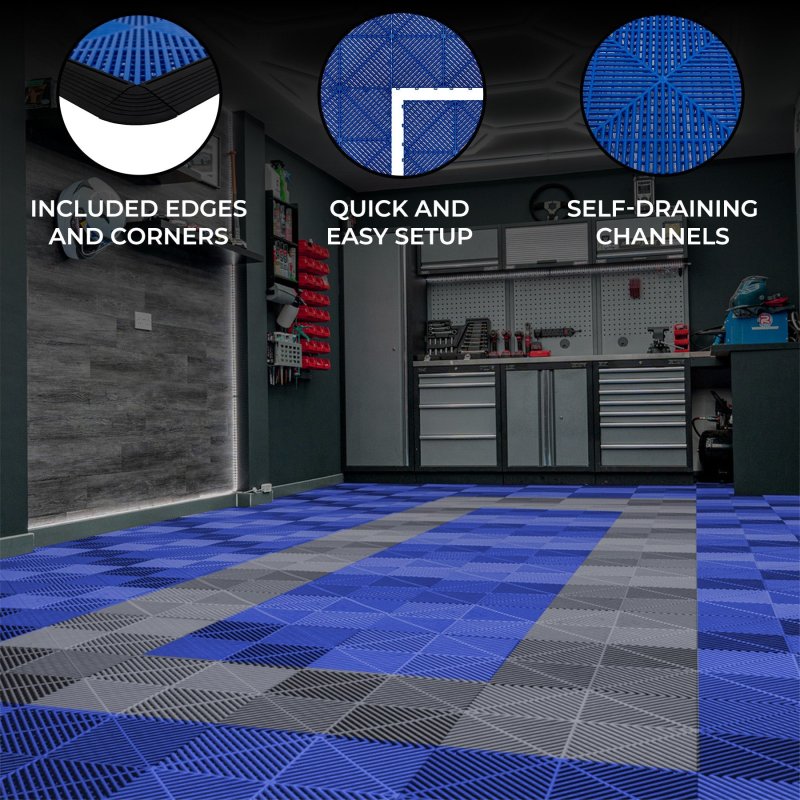 Vented Modular Interlocking Flooring Tiles & Edges 90 Blue & 30 Grey Single Garage Heavy Duty Floor Mat Showroom Workshop Outdoor Polypropylene Anti Slip Weather Resistant Drainage 3.2m x 6m 19.2m2