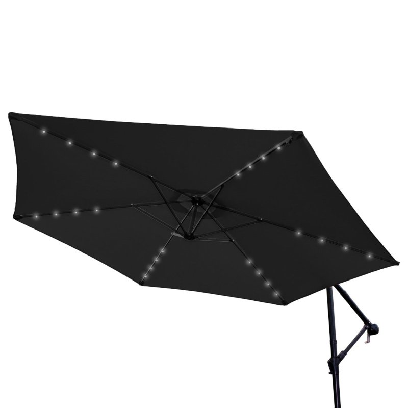 Grey LED Cantilever Parasol 3m Banana Hanging Umbrella Garden Sun Shade Canopy Patio Outdoor 360 Rotation Tilt UV Protection Winding Crank 24 Solar Powered Cool White LED Lights Waterproof Rain Cover