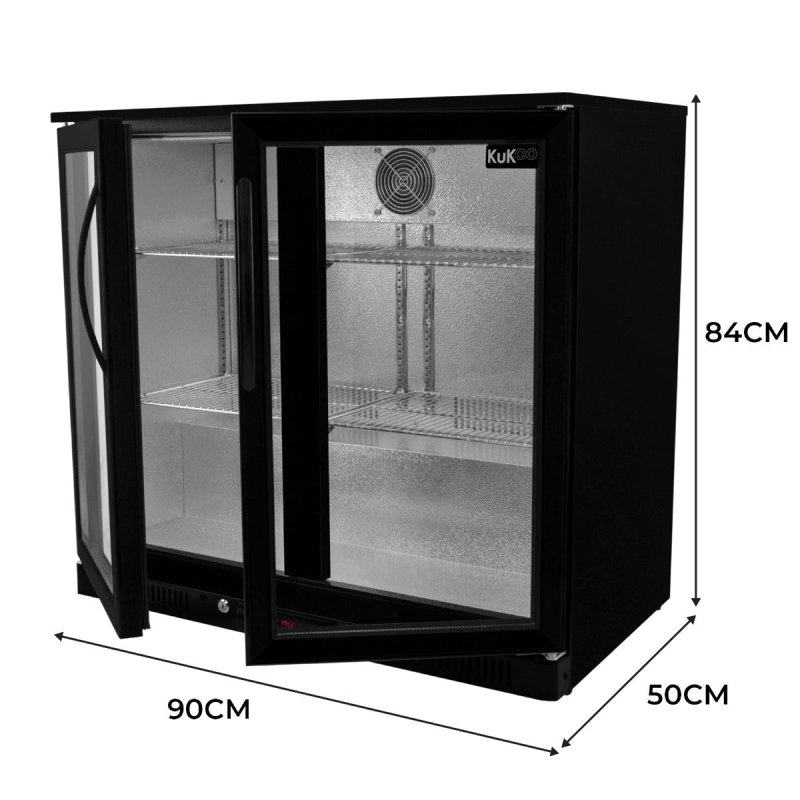 Back Bar Fridge Cooler 208L Capacity Commercial Hinged Double Door Under Counter Black Chiller Self Closing 112 x 500ml Bottles Beer Wine 4 Adjustable Shelves Colour Changing LED Light 7 Colours