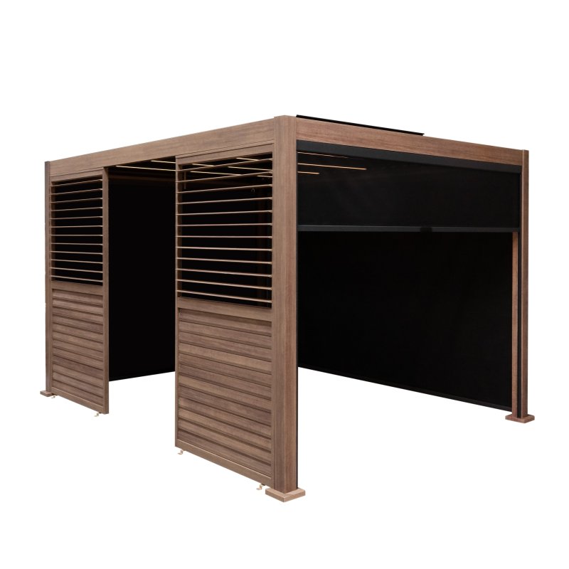 Wood Effect Aluminium Pergola With Blinds, 2 x Side Panels & LED Lights - 4m x 3m