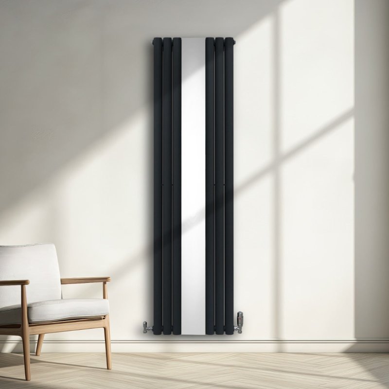 Oval Panel Radiator With Mirror 1800mm x 500mm & TRV Chrome Valves Designer Double Column Vertical Anthracite Grey Carbon Steel Wall Mounted Kitchen Living Room Cleaning Brush Fixing Kit & Brackets