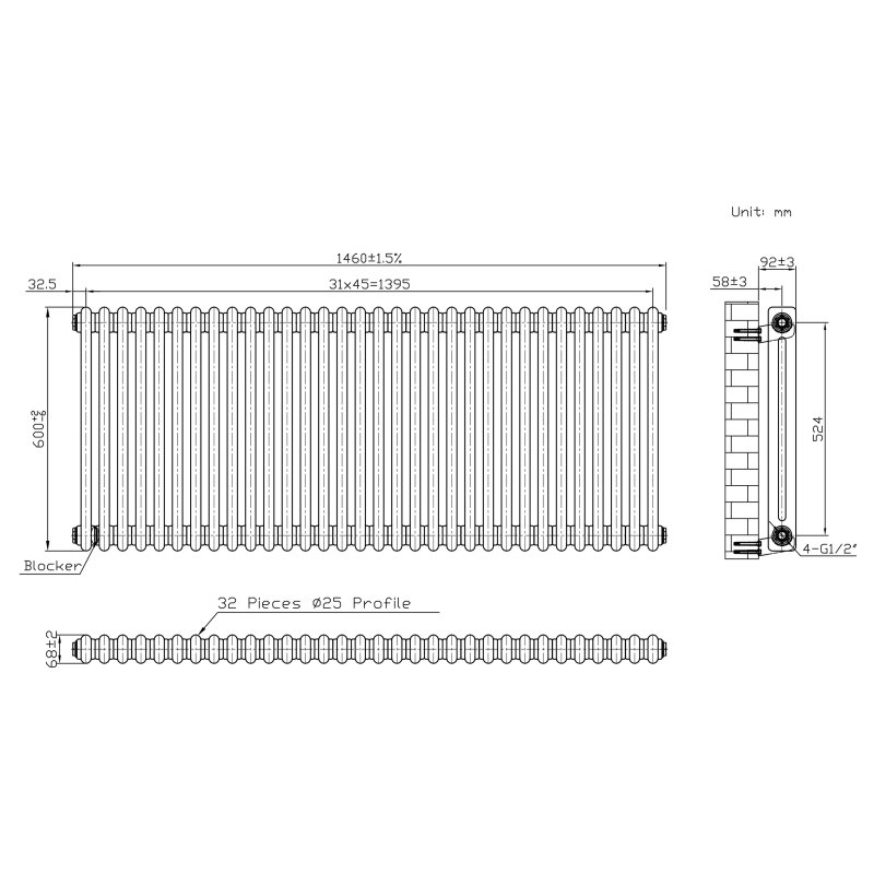 Traditional 2 Column Radiator - 600 x 1460mm - Raw Metal