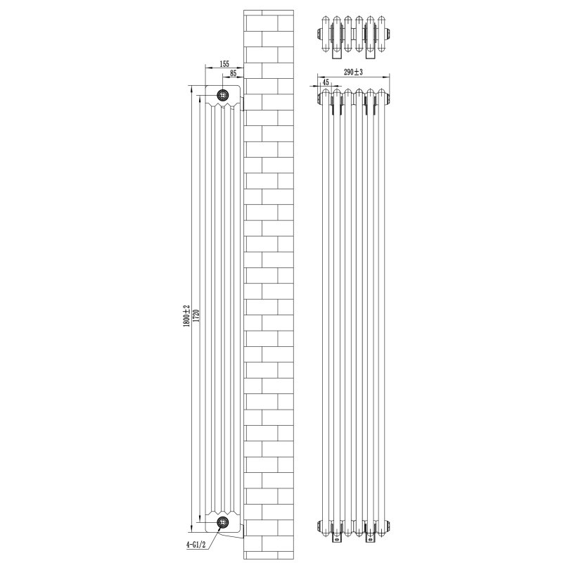 Traditional 4 Column Radiator & Valves - 1800 x 290mm - Black