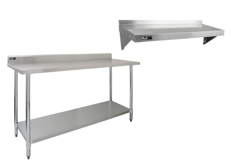 6ft Stainless Steel Catering Bench & 2 Wall Mounted Shelves Commercial Kitchen Work Prep Table Worktop Backsplash 2 Tier Adjustable Heavy Duty Corrosion Resistant FREE Microfibre Cloths & Fixing Kit