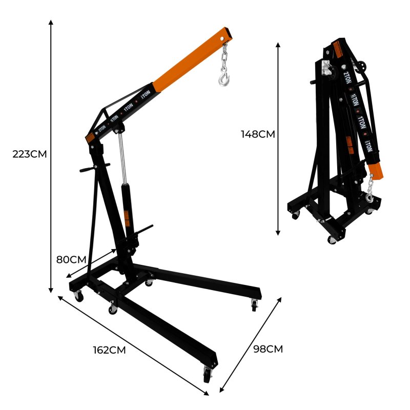Engine Crane 2 Tonne 2000kg & Load Leveller Hoist 900kg Balancer Support Beam Dual Hooks Chain Hydraulic Pump Handle Folding Legs Lift Jack Stand Portable Workshop Garage 4 JIB Positions Automotive
