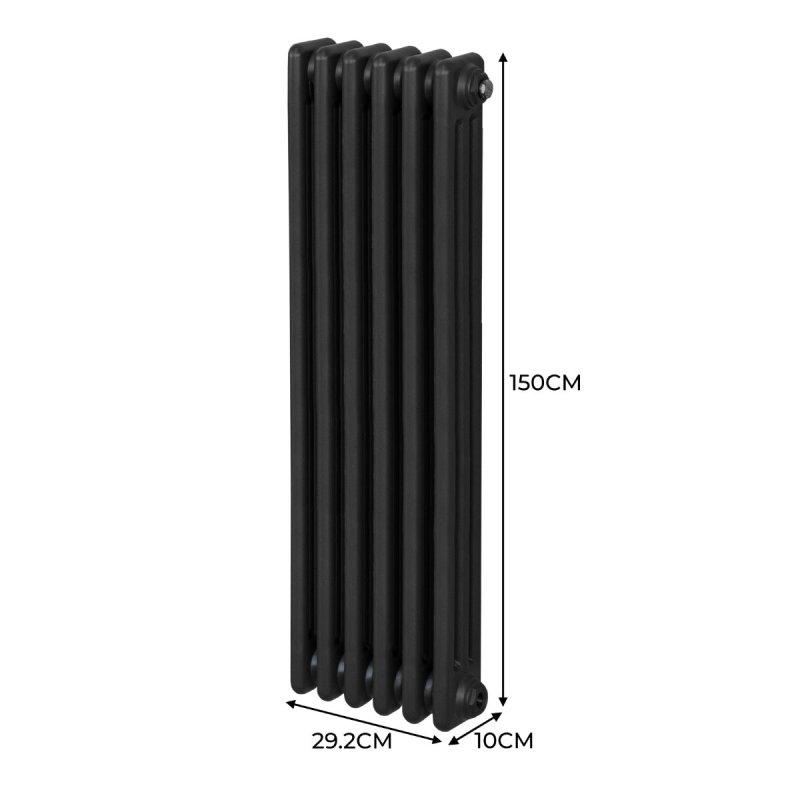 Traditional 3 Column Radiator 1500mm x 292mm Modern Central Heating Heater Matt Black Carbon Steel Vertical Wall Mounted Kitchen Living Room Bathroom Cleaning Brush Fixing Kit & Brackets