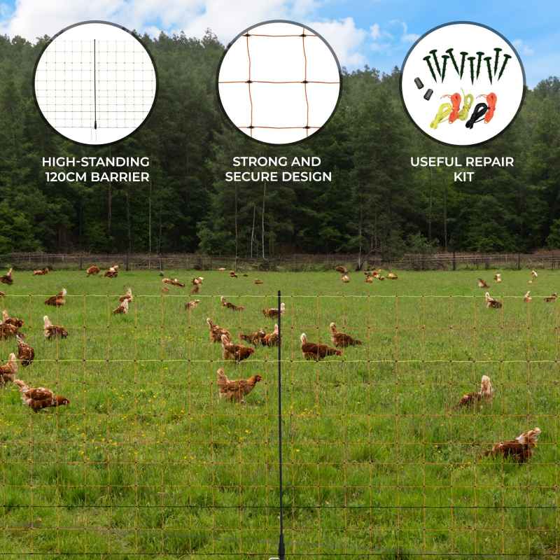 Electric Poultry Netting 50m Roll Fencing Fence & Posts Conductive Hotline Hot Gate Chicken Hen Geese Turkey Net Mesh 11 Wires 120cm 1.2m High 14 Double Spikes FREE Repair Kit & 10 Ground Spikes