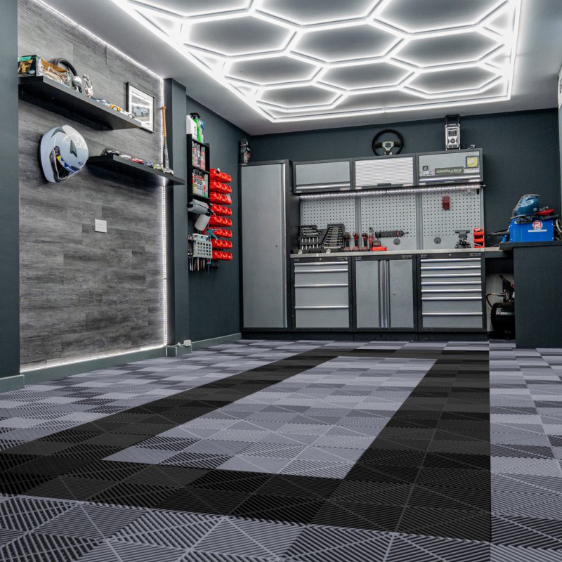 Vented Modular Interlocking Flooring Tiles & Edges 90 Grey & 30 Black Single Garage Heavy Duty Floor Mat Showroom Workshop Outdoor Polypropylene Anti Slip Weather Resistant Drainage 3.2m x 6m 19.2m2