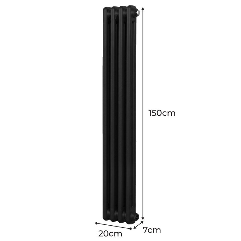 Traditional 2 Column Radiator 1500mm x 202mm Modern Central Heating Heater Matt Black Carbon Steel Vertical Wall Mounted Kitchen Living Room Bathroom Cleaning Brush Fixing Kit & Brackets