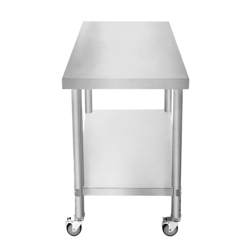 Catering Work Bench Table Stainless Steel Food Prep Kitchen Mobile 4 x Castor Wheels With 2 Brakes & 4 Adaptable Feet Adjustable Lower Shelf 3 Positions 160kg Load Capacity 60cm x 90cm x 86cm