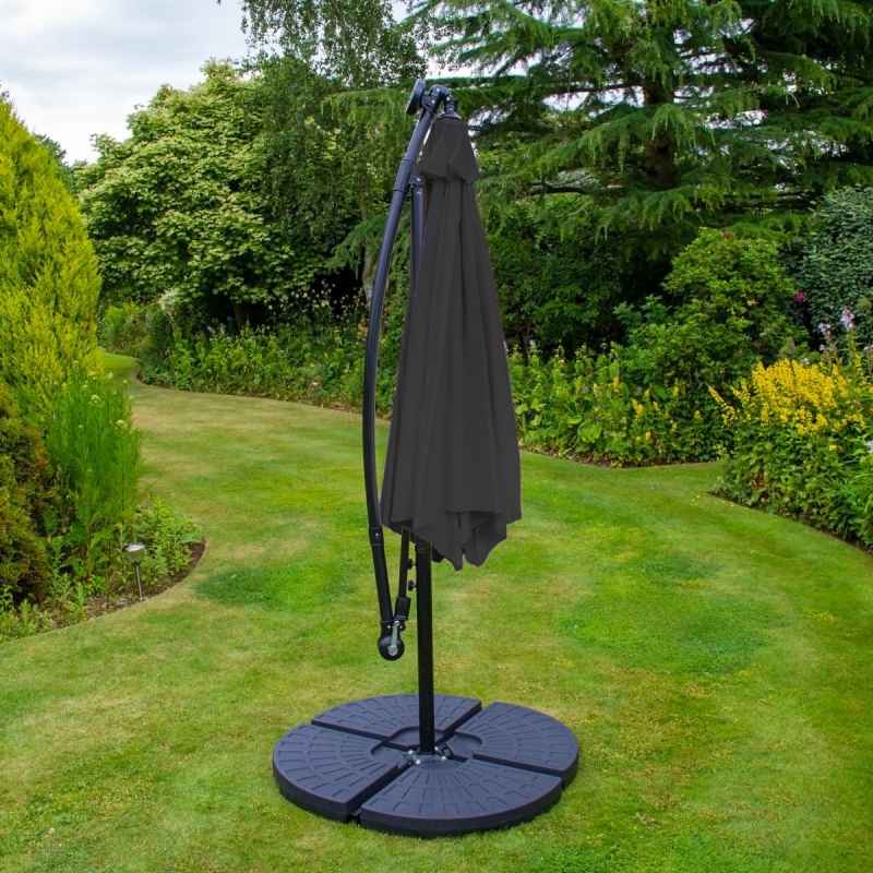Grey LED Cantilever Parasol 3m Banana Hanging Umbrella Garden Sun Shade Canopy Patio 360 Rotation Tilt UV Protection Winding Crank 24 Solar Powered Cool White LED Lights Waterproof Rain Cover & Base