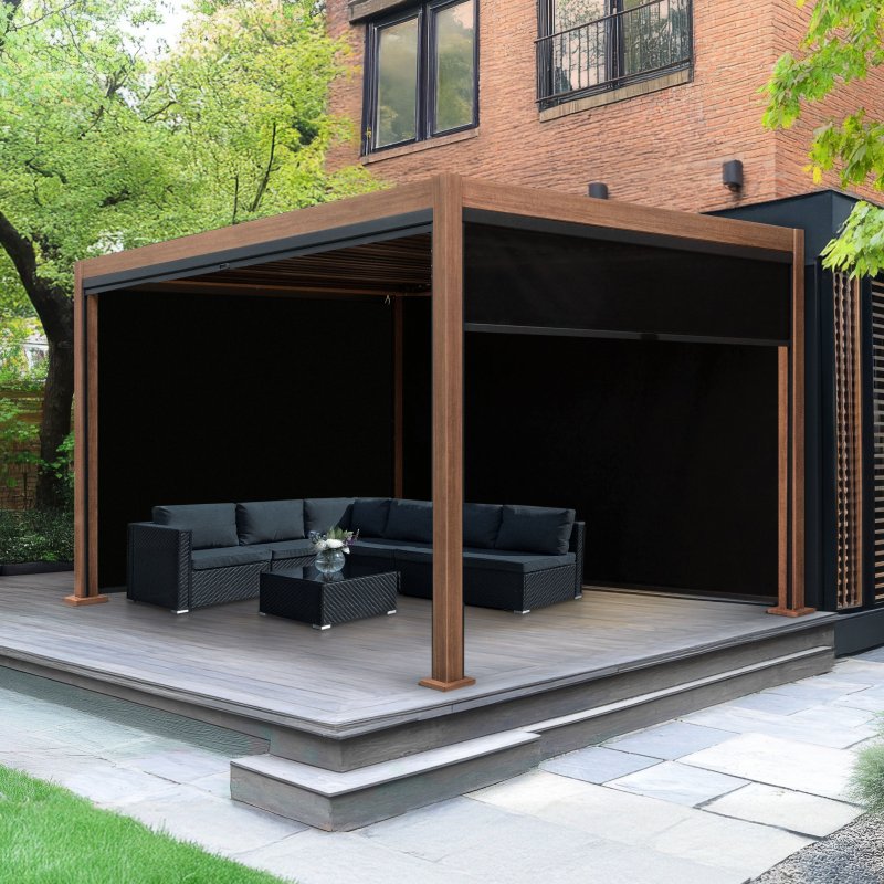 Wood Effect Aluminium Pergola With Blinds - 4m x 3m