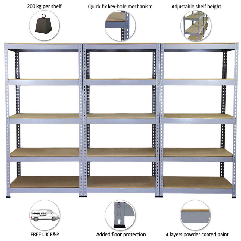 Garage Shelving Storage 5 Tier Heavy Duty Racking 200kg/shelf, Q-Rax Grey 90cm x 182.5cm x 50cm