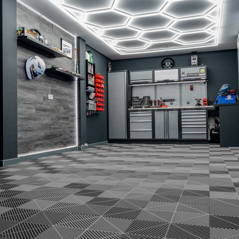 Vented Modular Interlocking Flooring Tiles x 120 Grey With Edges & Hexagon LED Lighting 14 White Lights & Border 6500K 3 Mount Options & Suspended Ceiling Kit Single Garage Floor Mat 3.2m x 6m 19.2m2