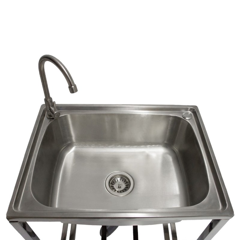 Camping Sink with Tap and Drainage Pipe Outdoor Stainless Steel Metal  Wash Basin Free Standing Portable