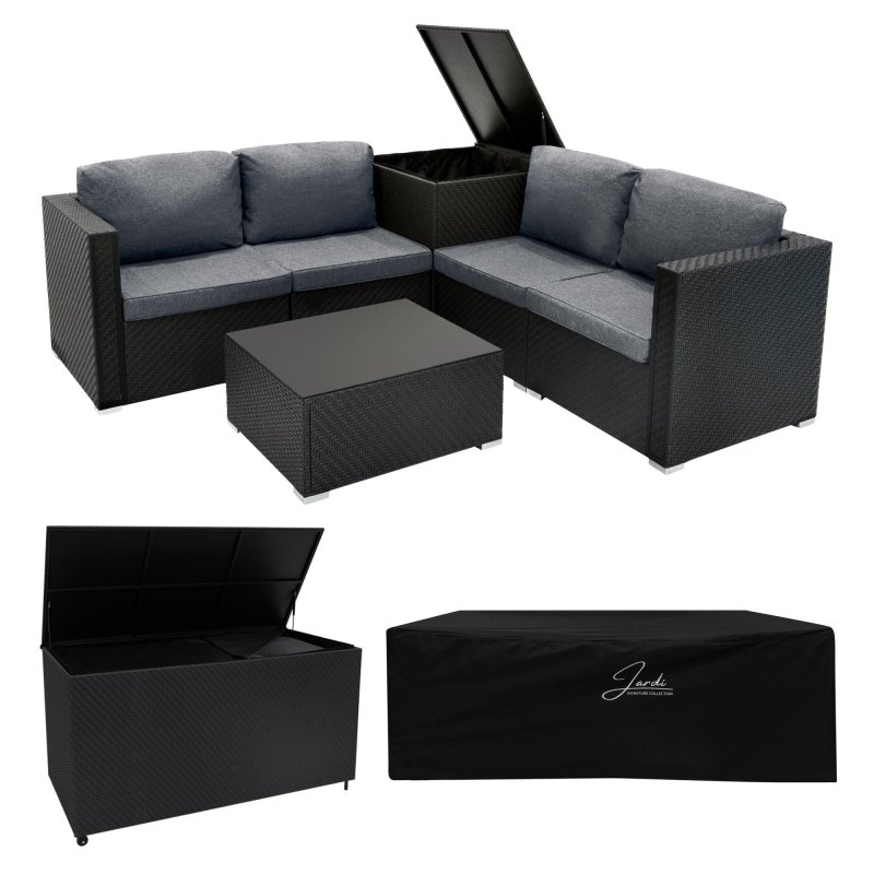 Rattan Modular 6 Piece Furniture Set & 996L Storage Box – Black
