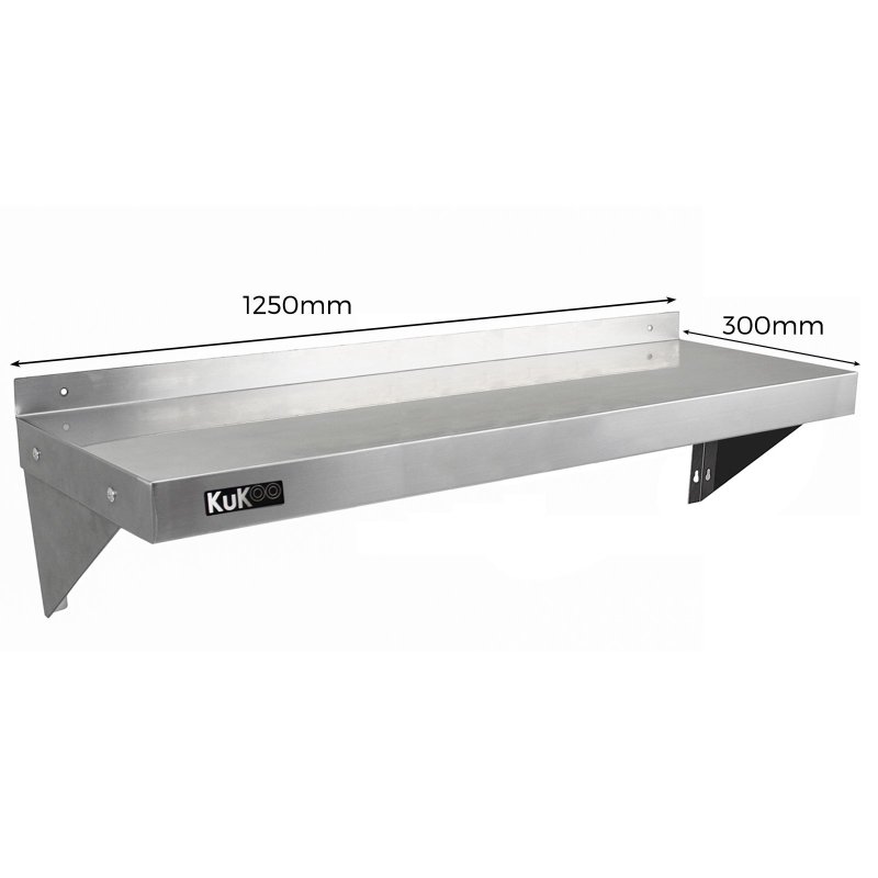 KuKoo Commercial Catering Corrosion Resistant x 2 Stainless Steel Kitchen Wall Shelf & Free Microfiber Cloths 1250mm x 300mm