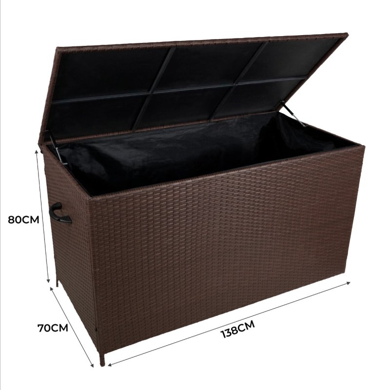 Rattan Garden Storage Brown Box & Waterproof Carry Bag Large Cushion Blanket Tools Toys Furniture Chest 582L Outdoor Patio Deck Steel Frame UV & Weather Resistant Gas Assisted Lift Lid Portable Wheels
