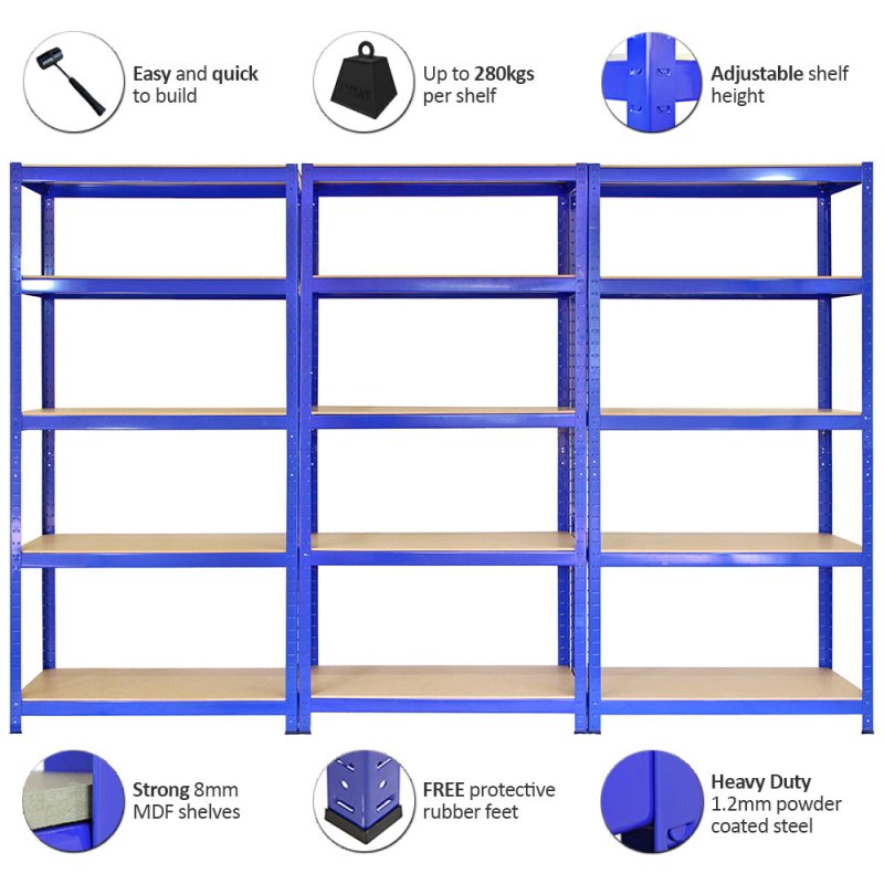 T-Rax Garage Shelving Unit - 5 Tier Heavy Duty Rack for Storage Steel Utility Shelves | Metal & MDF Boltless Racking Assembly System | 180cm x 90cm x 45cm | 280KG Per Shelf, Blue