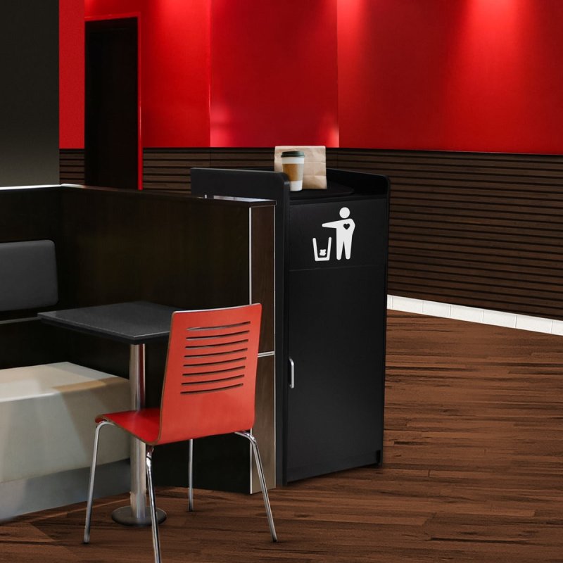 Wooden Litter Bin & Tray Stand Black Finish Commercial Restaurant Food Hall Takeaway Cafe Waste Bin Enclosure Cabinet Swing Door Melamine MDF FREE 100L Rubbish Bin FREE White Vinyl Stickers