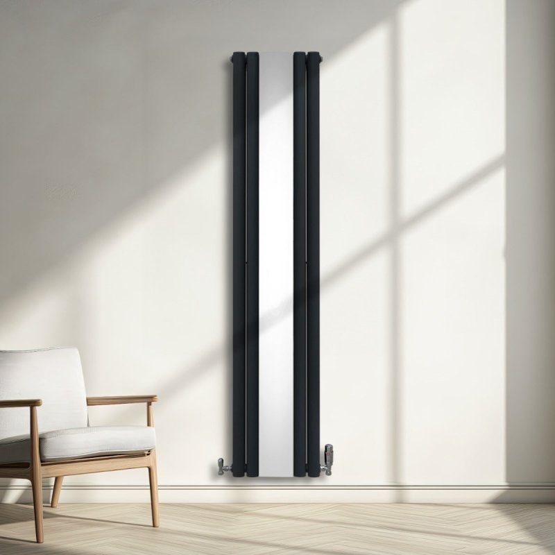 Oval Panel Radiator With Mirror 1800mm x 380mm & TRV Chrome Valves Designer Double Column Vertical Anthracite Grey Carbon Steel Wall Mounted Kitchen Living Room Cleaning Brush Fixing Kit & Brackets