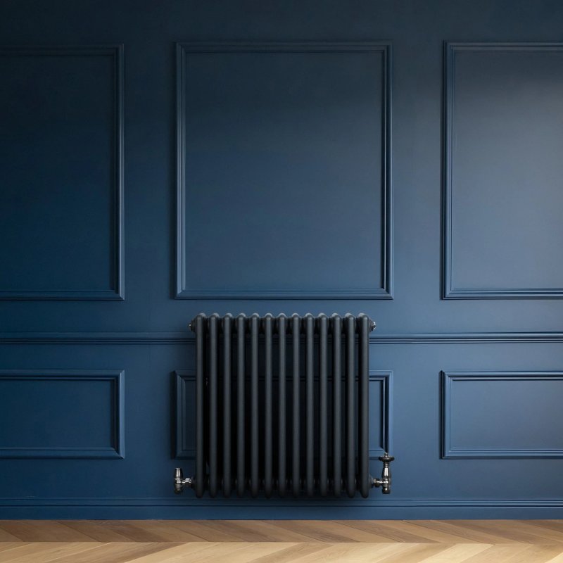 Traditional 4 Column Radiator & Valves - 600 x 605mm - Anthracite Grey