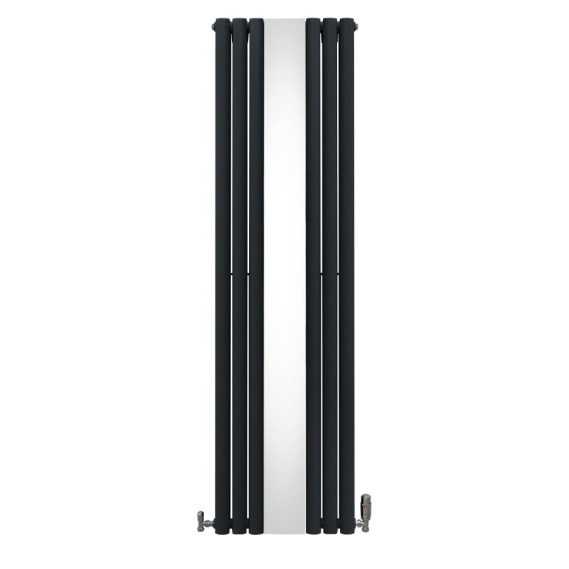 Oval Panel Radiator With Mirror 1800mm x 500mm & TRV Chrome Valves Designer Double Column Vertical Anthracite Grey Carbon Steel Wall Mounted Kitchen Living Room Cleaning Brush Fixing Kit & Brackets
