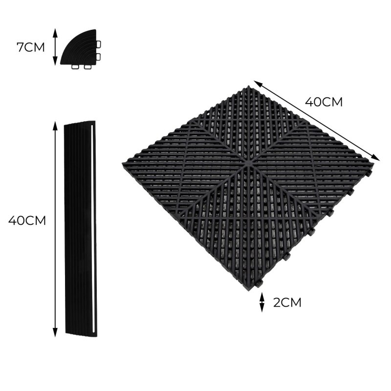 Vented Modular Interlocking Flooring Tiles & Edges 60 Black & 60 Grey Single Garage Heavy Duty Floor Mat Showroom Workshop Outdoor Polypropylene Anti Slip Weather Resistant Drainage 3.2m x 6m 19.2m2