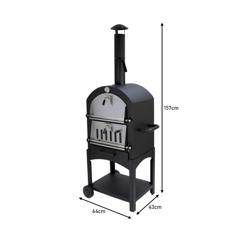 Outdoor Pizza Oven Portable Charcoal BBQ Smoker Pizza Maker Cooker Chimney Vent Temperature Gauge Storage Shelf & Union Jack Bunting 25 Triangle Flags 10m Double Sided FREE Pizza Peel, Stone & Cutter