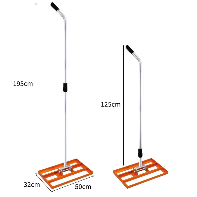 Lawn Leveller 50cm x 32cm Levelling Rake Lute Heavy Duty Lightweight Galvanised Steel Aluminium Orange 1.2 - 1.9m Extendable Handle Easy Grip Landscaping Garden Tool Grass Soil Artificial Turf Compost