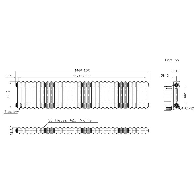 Traditional 2 Column Radiator - 300 x 1460mm - Raw Metal