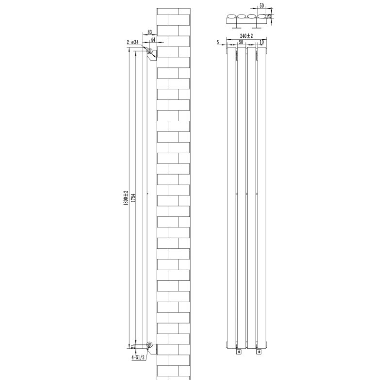 Oval Single Column Radiator & Valves - 1800mm x 240mm - Anthracite Grey