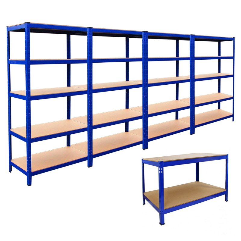 4 Bay 180cm x 90cm x 45cm Blue 5 tier (280KG Per Shelf) 1400KG Capacity | With 1 x Workbench | Garage Shed Storage Metal Shelving Units