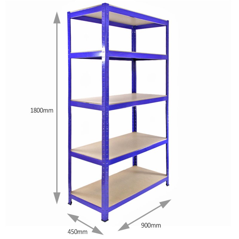 1 x Corner Garage Racking Unit & 4 x Single Racking Storage Units / 5 T-Rax Blue Steel & MDF Shelves / 6925kg capacity / 265kg per shelf / Free Rubber Mallet