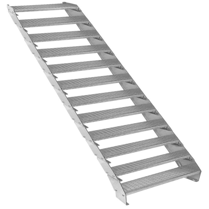Metal Staircase 12 Section Adjustable Height 90cm / 900mm Wide Galvanised Steel Silver 12 Steps Weatherproof Grate Step Outdoor Garden Patio Modular Stairs 5mm Rod Thickness FREE Fixing Kit