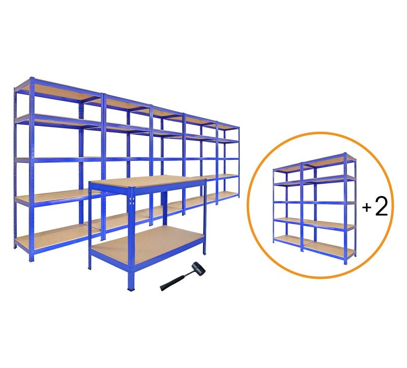 Racking Shelving Unit Boltless 5 Tier Garage Shelves Storage Organisation Workshop Shed Heavy Duty Steel Racks- 5 x 75cm wide racking, 2 x 90cm wide racking, 1 x workbench and 1 x rubber mallet