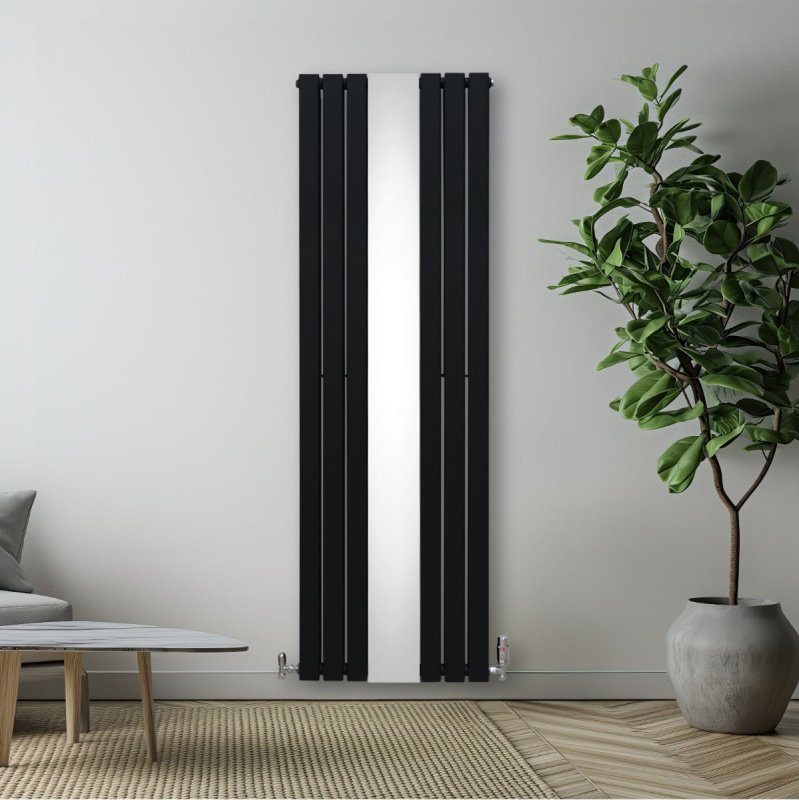Flat Panel Radiator With Mirror 1800mm x 565mm & TRV Chrome Valves Designer Double Column Vertical Black Carbon Steel Wall Mounted Kitchen Living Room Cleaning Brush Fixing Kit & Brackets