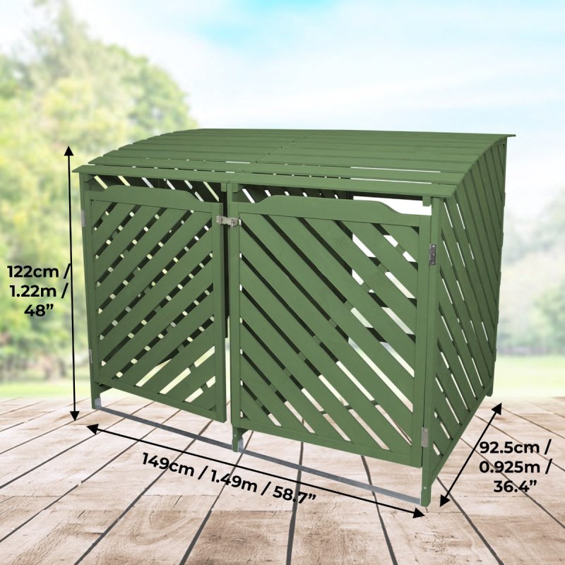 Double Sage Green Wheelie Bin Storage Shed Garden Latched Lockable Outdoor Dustbin Cover Store Unit Chain Lid