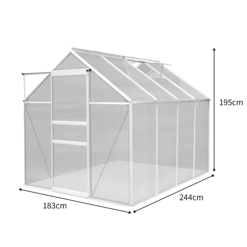 Greenhouse 6 x 8ft Aluminium Polycarbonate Steel Silver Weather Resistant Frame Support Bars Interchangeable Sliding Door 2 Roof Window Vents Walk In Gutter FREE W Clips