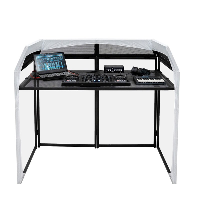 DJ Disco Booth Deck Stand Professional Mixer Equipment Shelf Table Foldable Lightweight Mobile Portable Screen Metal Frame Mesh Panels Cable Hole Black & White Covers With Secure Hooks Carry Bag