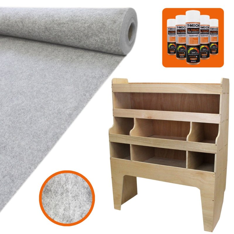 Camper Van Lining Carpet 11m2 Silver Grey 4 Way Super Stretch & VW Transporter Van Racking Plywood Tool Storage Utility Ply Toolbox Transporter Shelves Rack Unit Motorhome 5 x Adhesive Glue Cans Kit