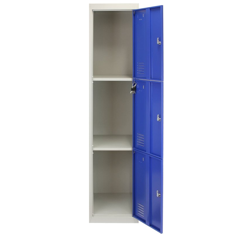MonsterShop 3 Door Metal Storage Lockers, Blue & Grey Steel Lockable Unit, Gym Changing School Staff
