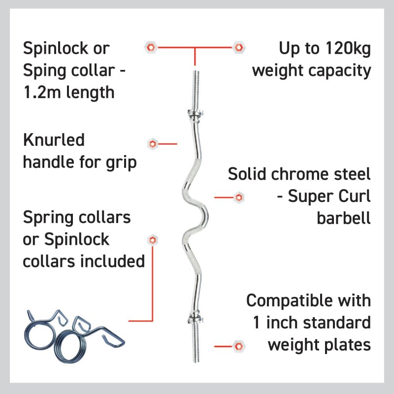 Body Revolution EZ Barbell Bar - 1.2m EZ Super Curl Weight Lifting Bar for 1 Inch Weight Plates - Barbell for Bicep Curls and Bodybuilding With Spinlock