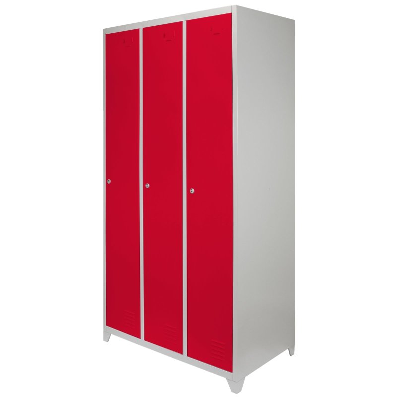 MonsterShop 3 Door Wide Steel Storage Lockers, Red & Grey Metal Lockable Unit, School Staff Gym Changing